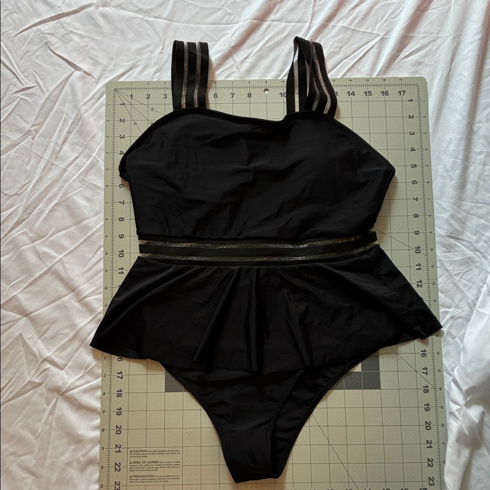 Black Peplum Swimsuit with Striped Straps